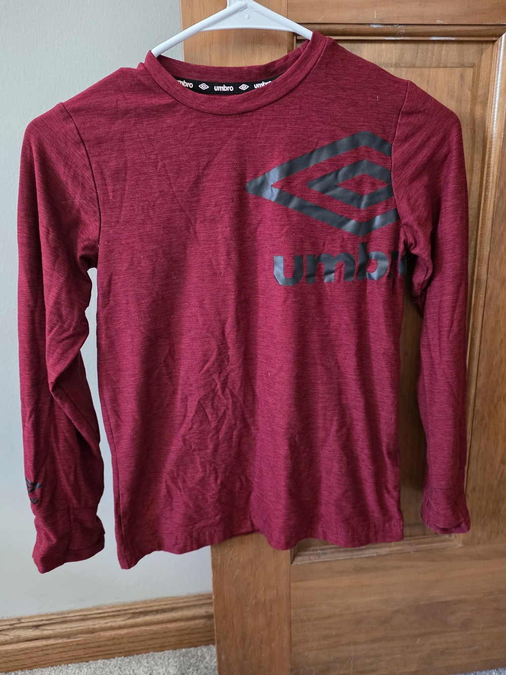 Umbro Kids Fleece Long Sleeve Crew Tee in Burgundy with Black Logo